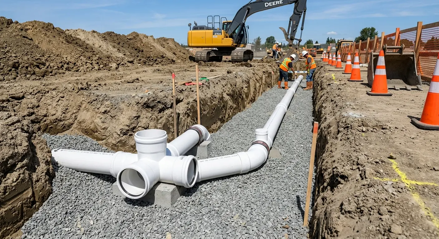 New PVC sewer pipe installation in open trench for Sewer Backup in Dallas