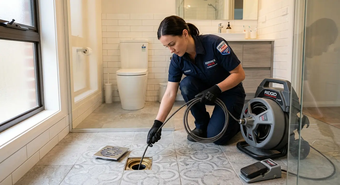 Technician clearing a bathroom floor drain for Drain Cleaning in Dallas